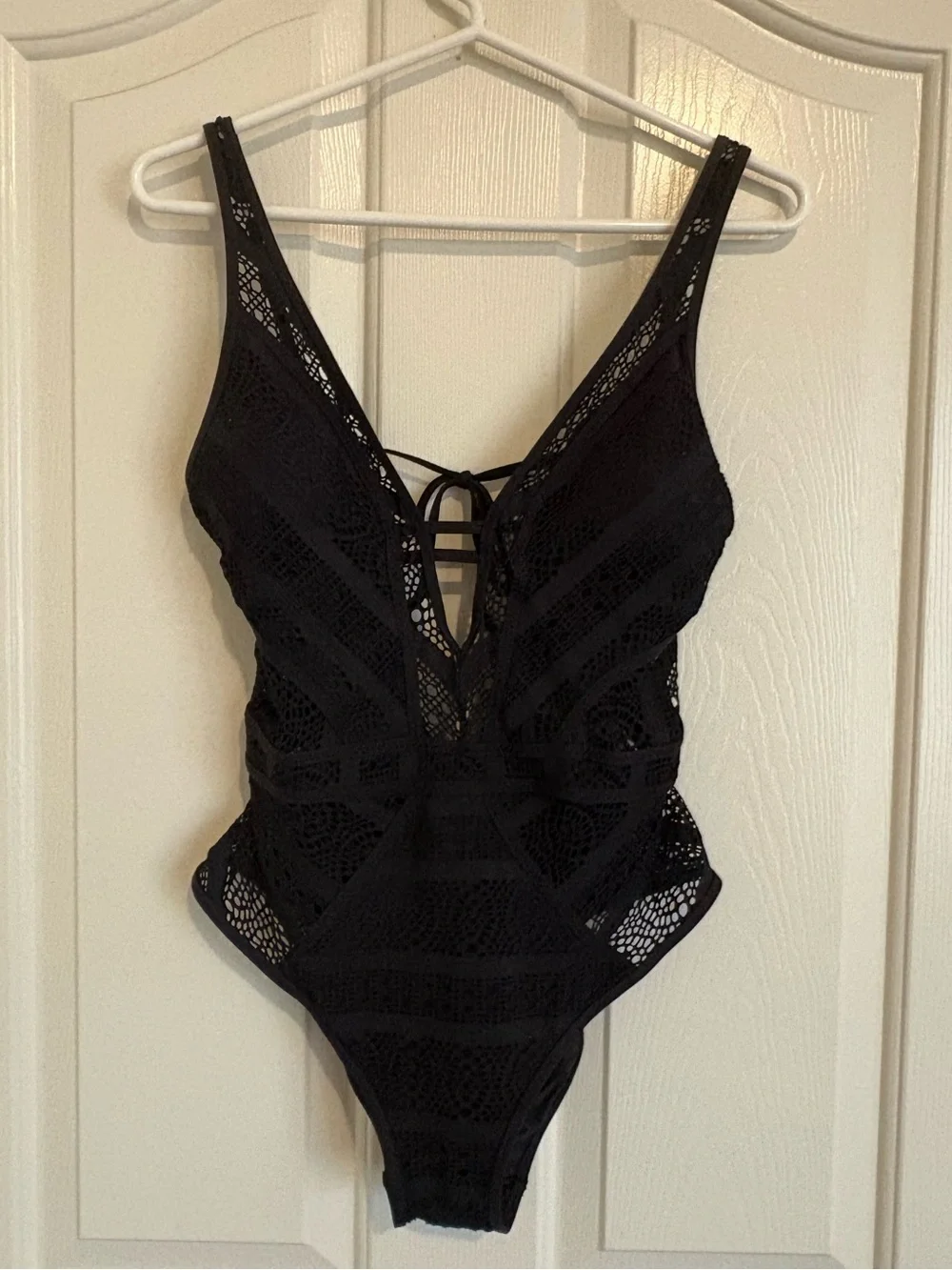BECCA Black Color Play Plunge Crochet One-Piece Swimsuit - Picture 2 of 8